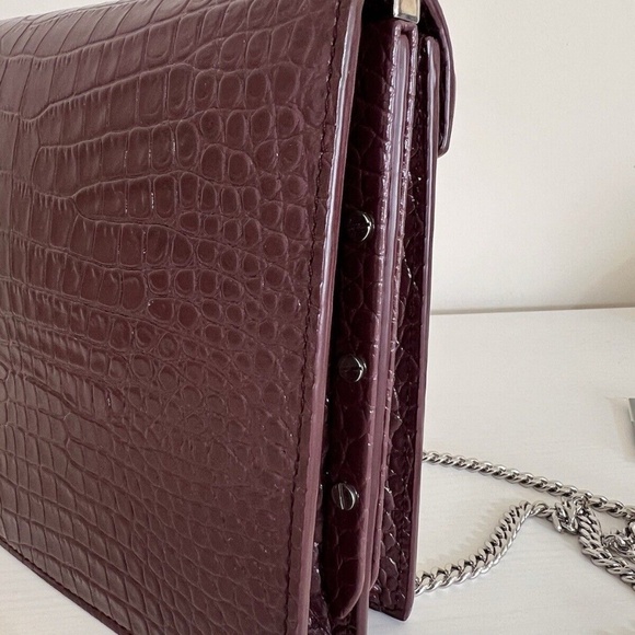 Yves SAINT LAURENT Calfskin Crocodile Embossed Cassandra Shoulder Bag Dark Red - Picture 8 of 13